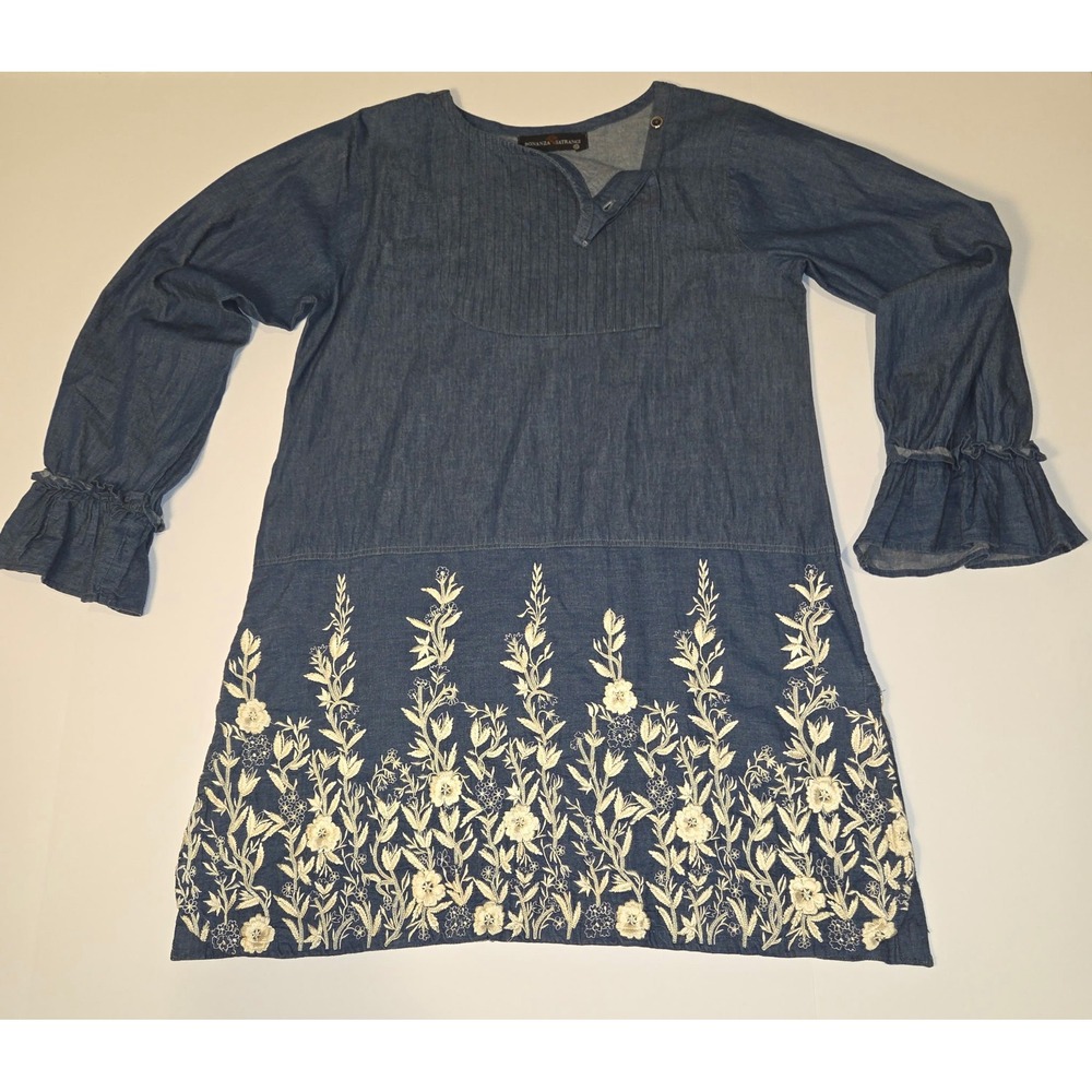 Bonanza Satrangi Blue Chambray Floral Embroidered Tunic‎ Top Womens Size 10